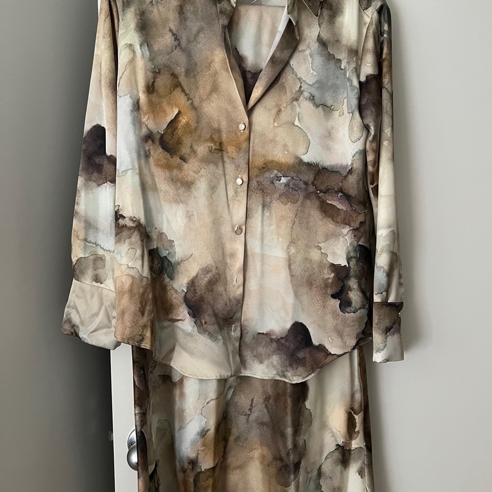 Zara Watercolor Satin Blouse + Skirt Set